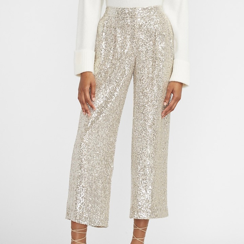 Express High Waisted Sequin Cropped Trouser Pant NWT